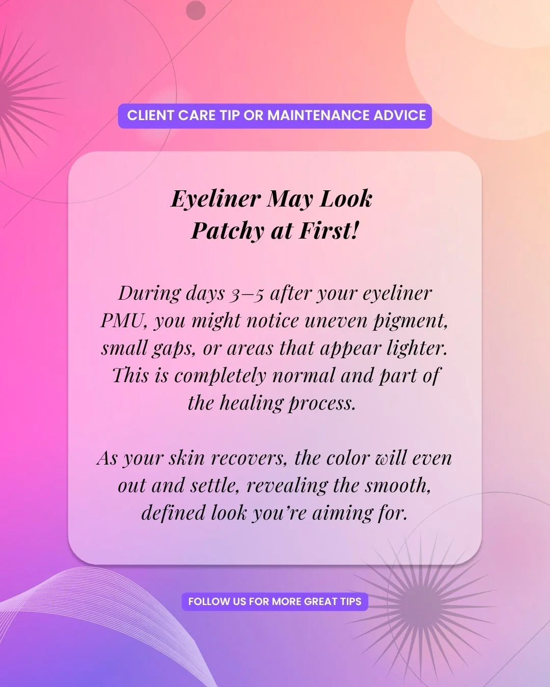 🌙 After getting eyeliner PMU, the first week can look a little unpredictable. Around days 3&ndash;5, the color may seem uneven or lighter in certain spots. 

This stage is temporary &mdash; your skin is still repairing and the pigment hasn&rsquo;t f