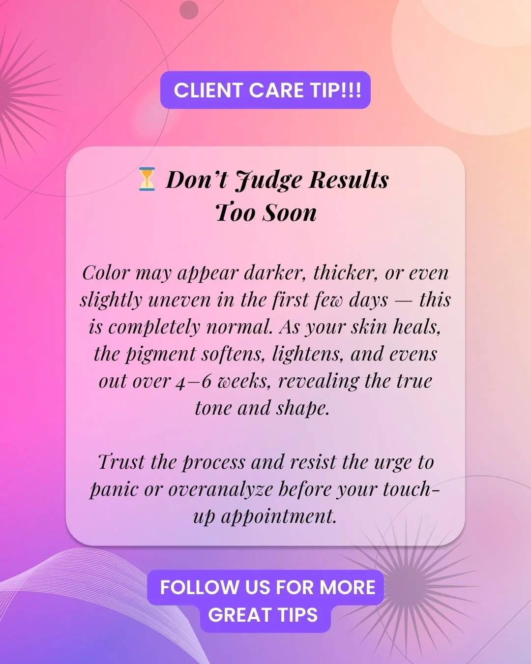 Healing takes time, and patience pays off. ✨

Right after your PMU appointment, color can look bold or uneven, but this is just part of the normal healing phase. Over the next several weeks, your skin will gradually settle, revealing the soft, natura