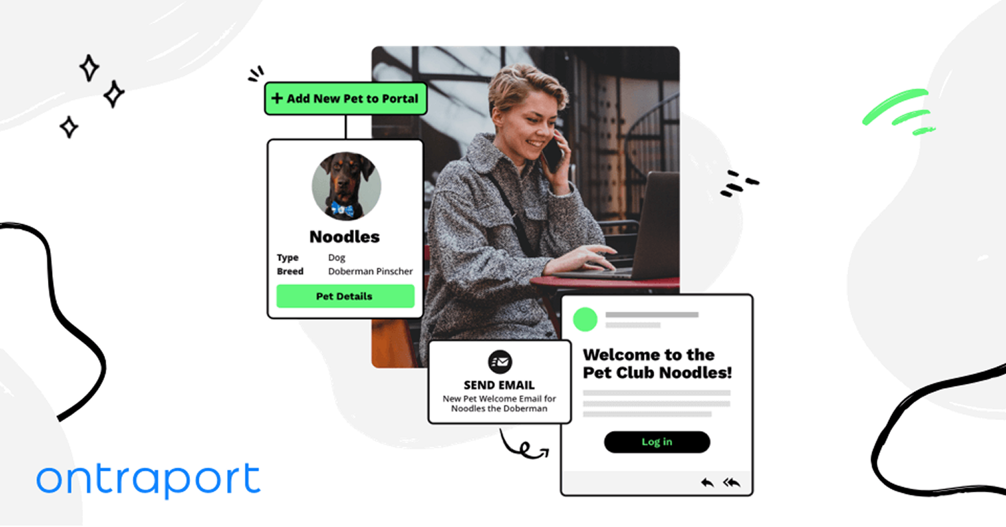 Illustration of a woman talking on the phone and using a laptop, with overlapping interface elements for a pet club website, including pet details, email notification, and login prompts, on a stylized background.