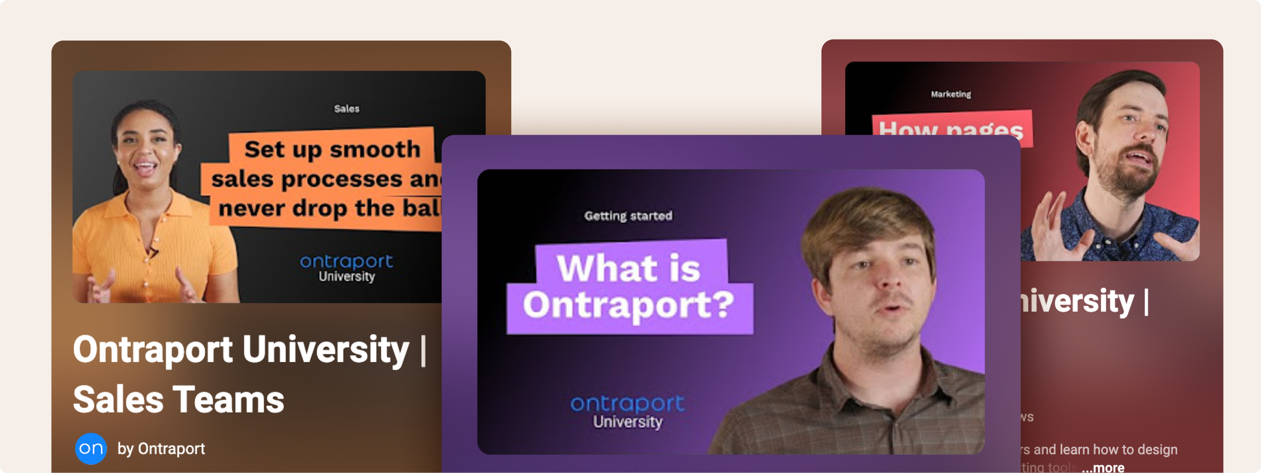 Multiple digital course thumbnails for Ontraport University featuring diverse instructors discussing sales, marketing, and onboarding topics.