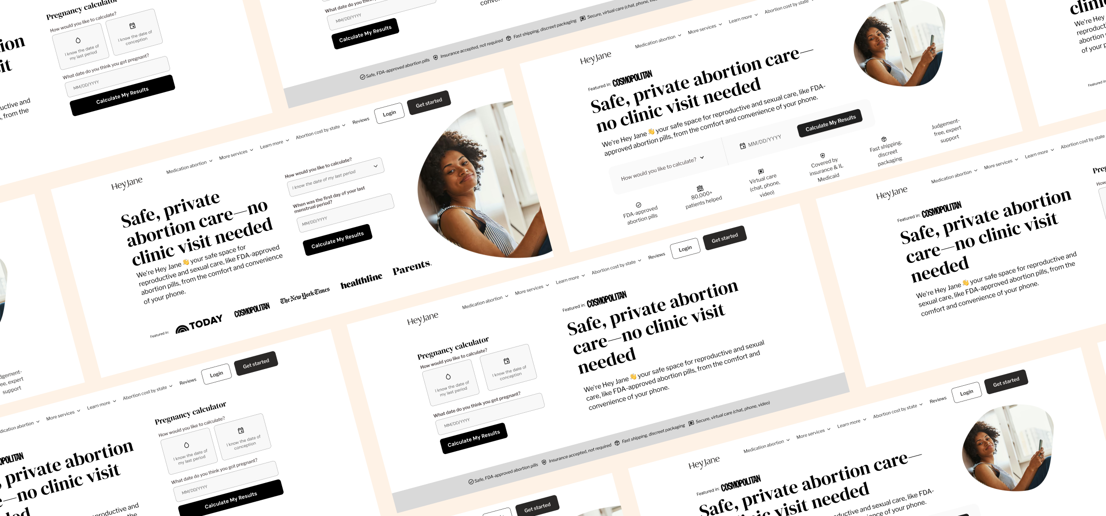 Collage of webpages for a private abortion care service, featuring a woman looking at her phone, with headings indicating no clinic visit needed, and pregnancy calculator tool.