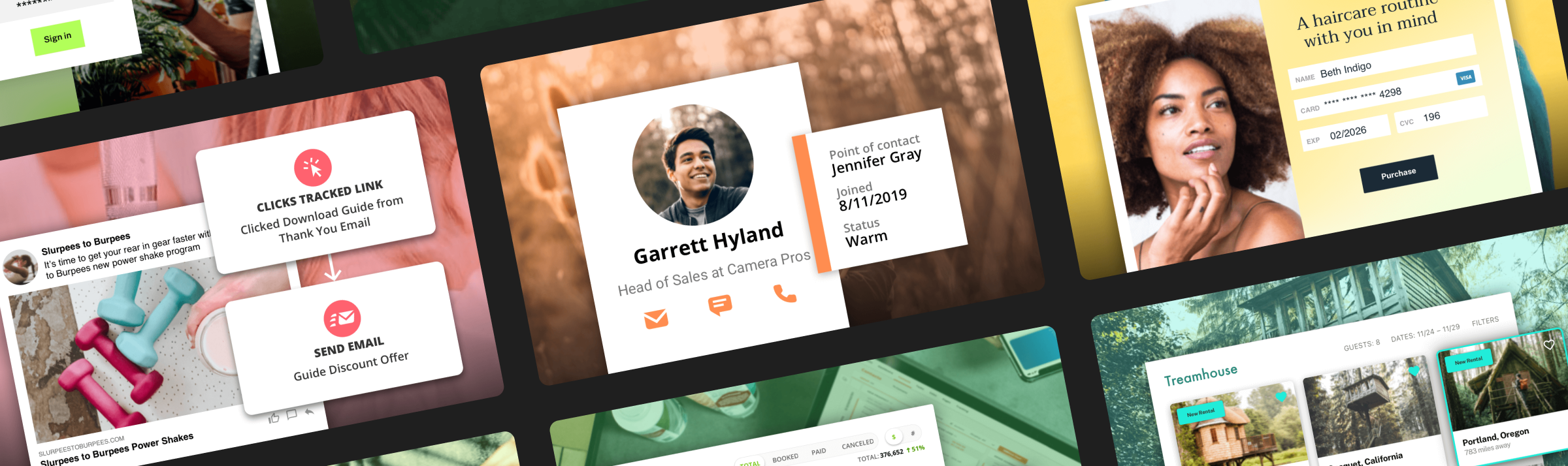 Collage of digital screens displaying various user profiles, advertisements, and online booking interfaces with diverse content including a woman with curly hair, a man smiling outdoors, fitness equipment, and rental listings.