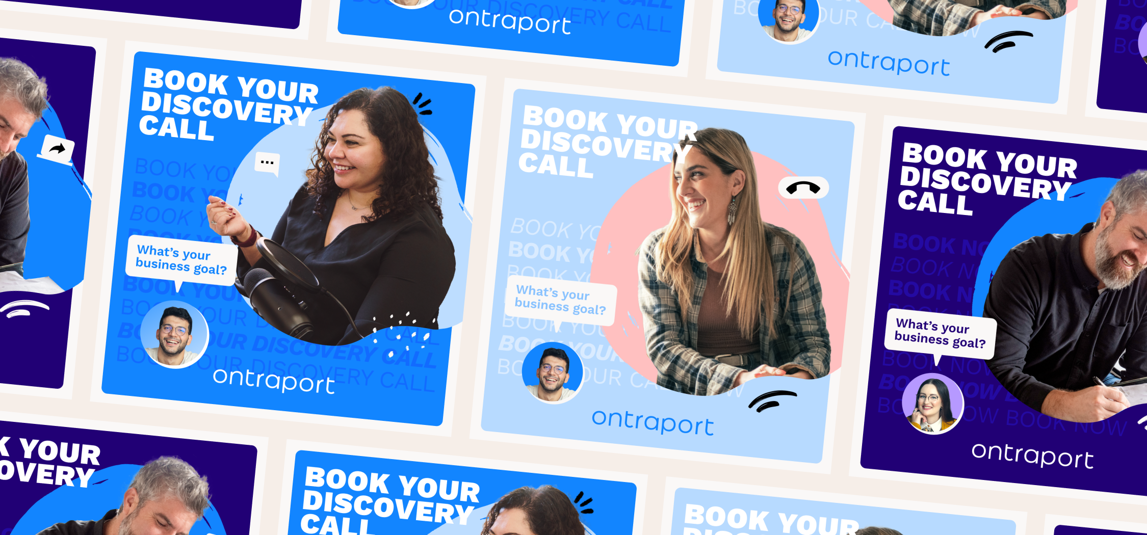 Collage of promotional images for Ontrapor featuring people smiling and talking on the phone, with text saying "Book Your Discovery Call" and a question "What’s your business goal?".