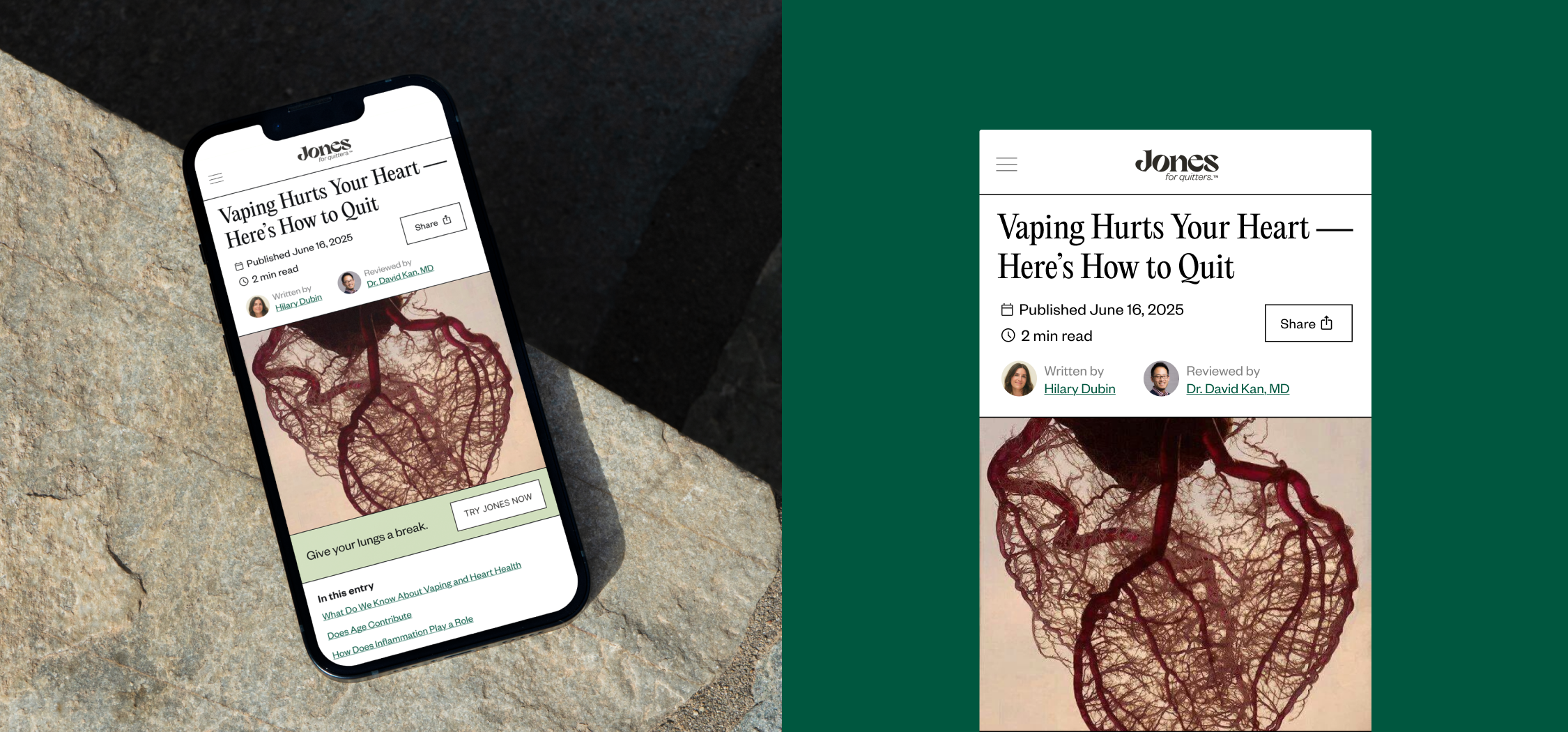 A smartphone displaying an article titled "Vaping Hurts Your Heart — Here's How to Quit" with a picture of an anatomical heart and author information.