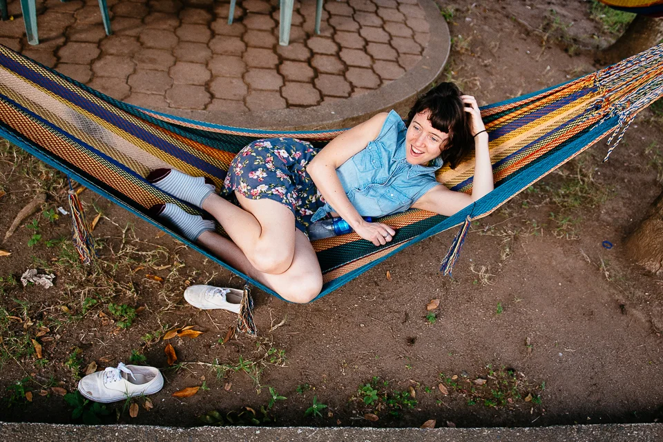 Tyler enjoys a quick rest in a hammock. 