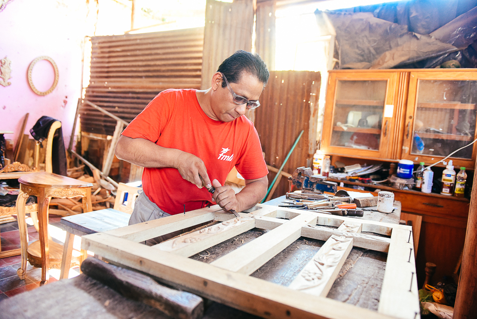 Woodworker Miguel Cortez in his shop in Nahuizalco. 