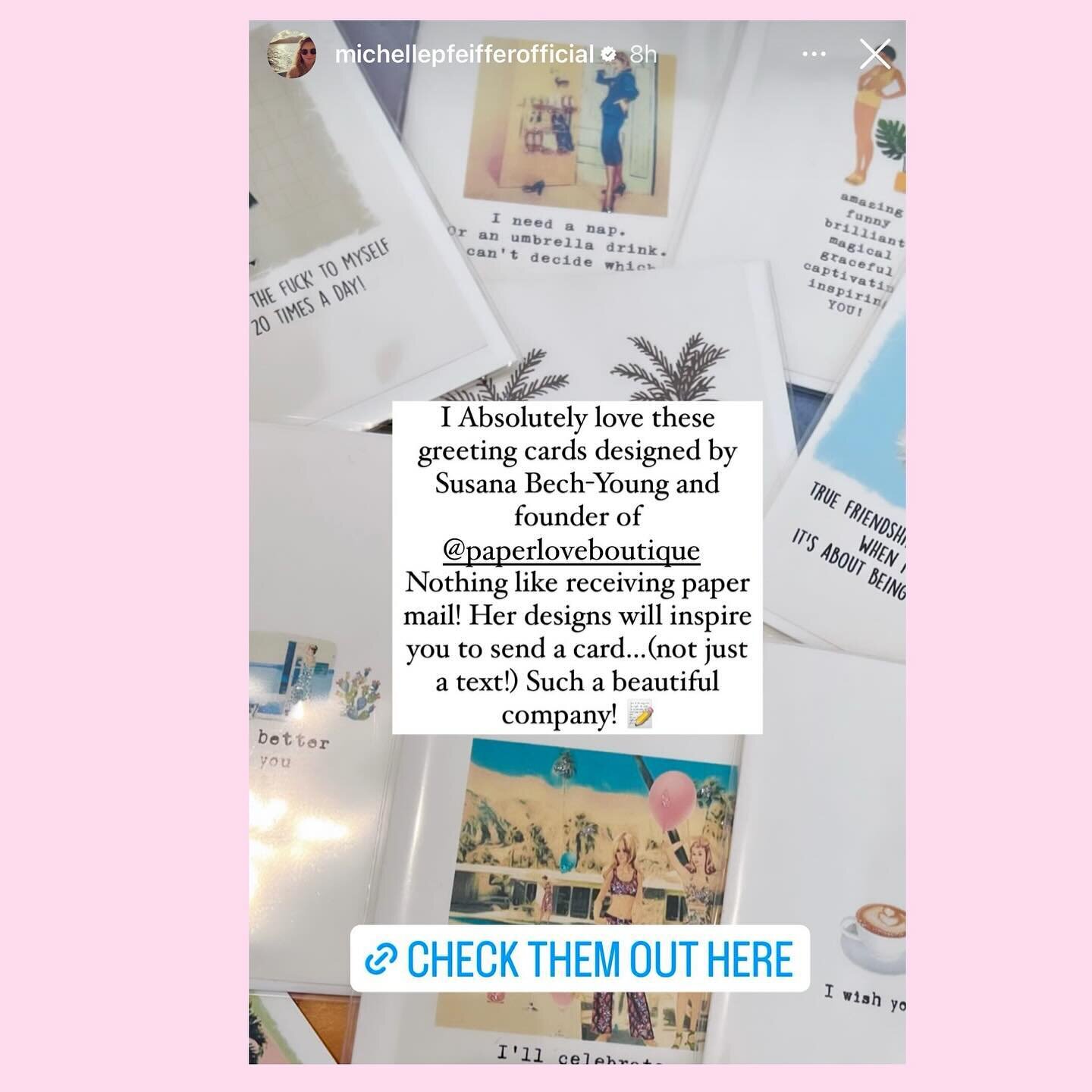 So wonderful to wake up this morning to the amazing and fabulous Michelle Pfeiffer @michellepfeifferofficial posting about Paperlove cards! She is such an inspiration as a woman and how she supports all others around her. Thank you Michelle and alway