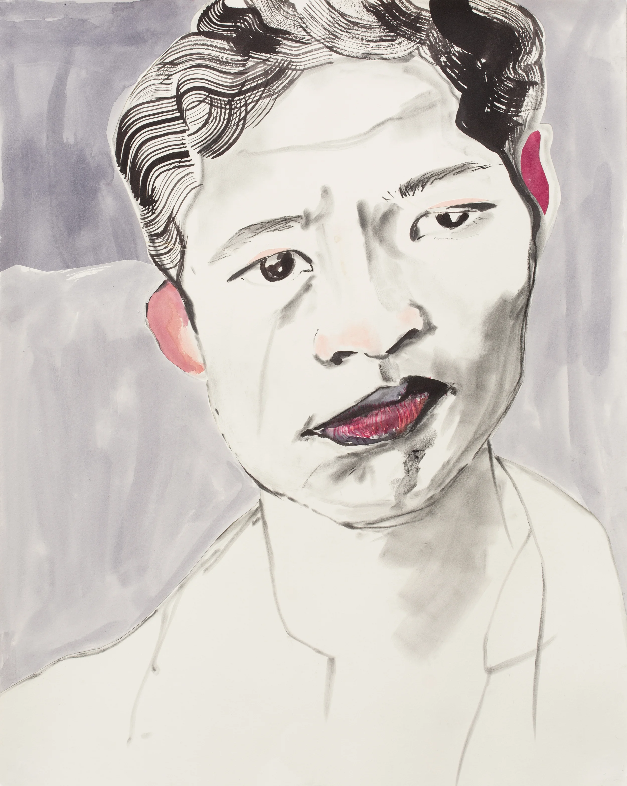 Expressive Head , 2016, ink, charcoal, collage on paper, 24" x 19"