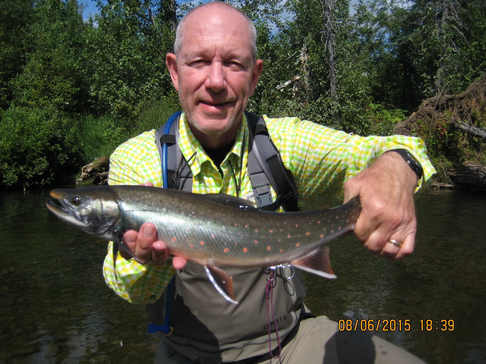 How is that for beautiful? The fish. Not me. It is a female Dolly Varden from Ice Creek. I am wearing my new shirt though.