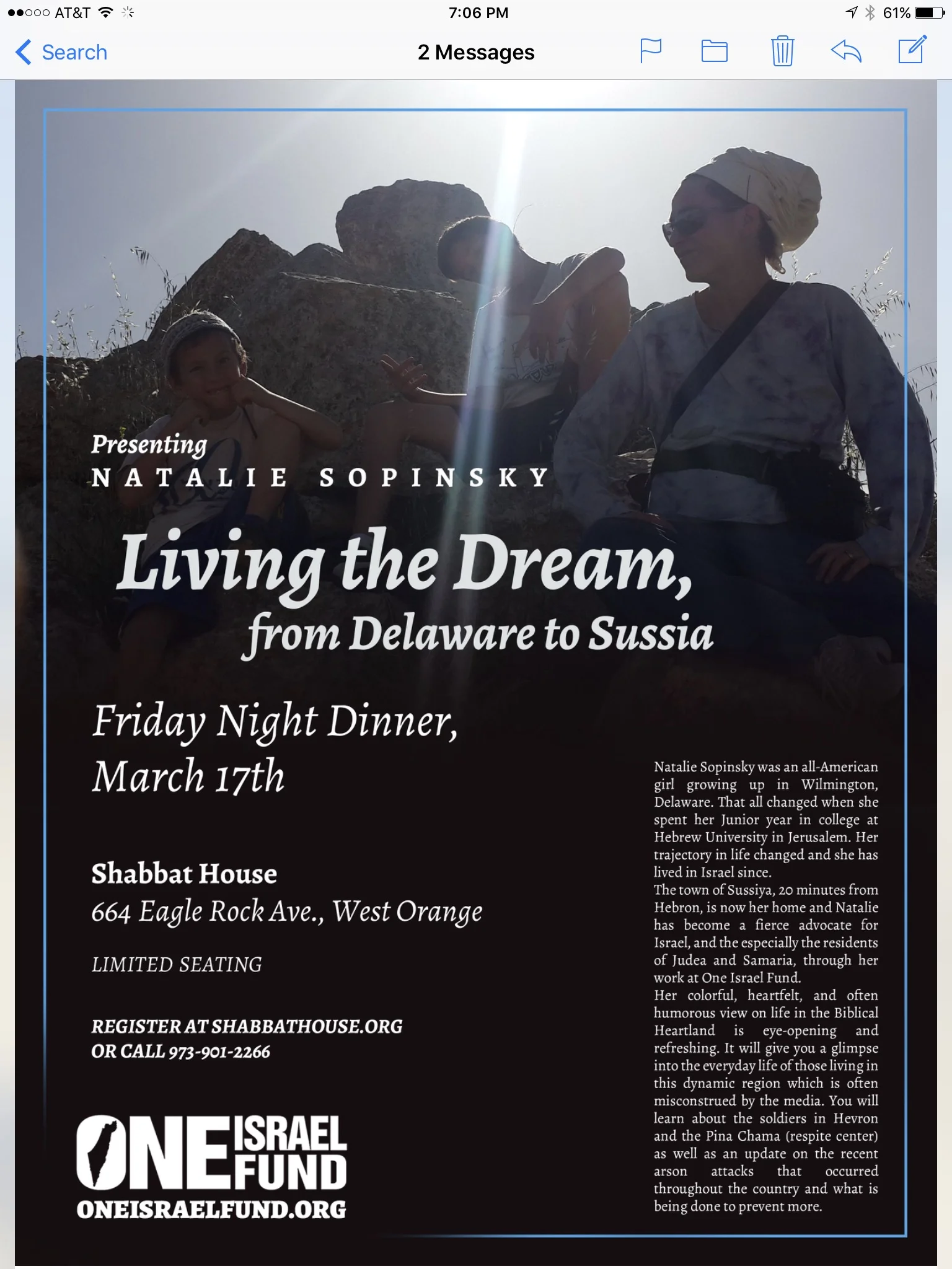 Presenting Natalie Sopinsky, "Living the Dream from Delaware to Sussia," March 17th, Friday Night at the Shabbat House