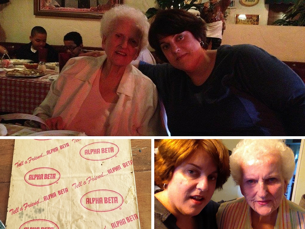 Mom and I at our fave place for pizza, the Alpha Beta grocery bag and me and my Mama.