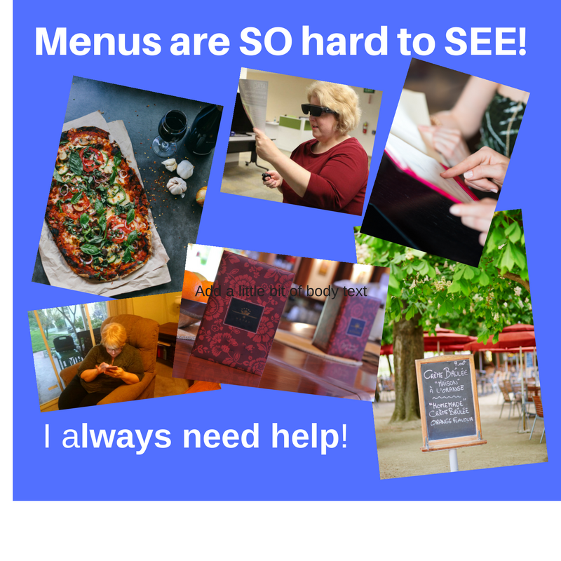 Picture L to R, pics of pizza, me with the NuEyes glasses on, two people reading a menu, me with my phone, a menu and a chalk board menu.