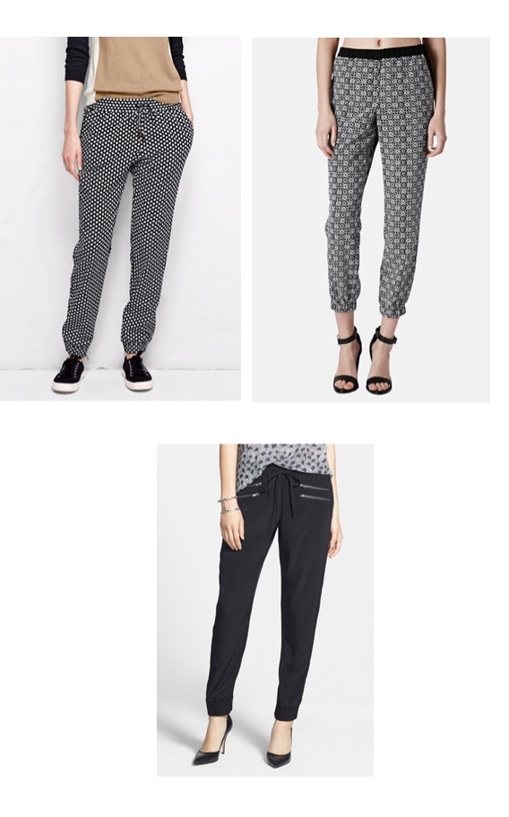 Top left Lands End woven pattern track pant. Top Right Topshop Track Pant. Bottom Halogen zip detail pant.