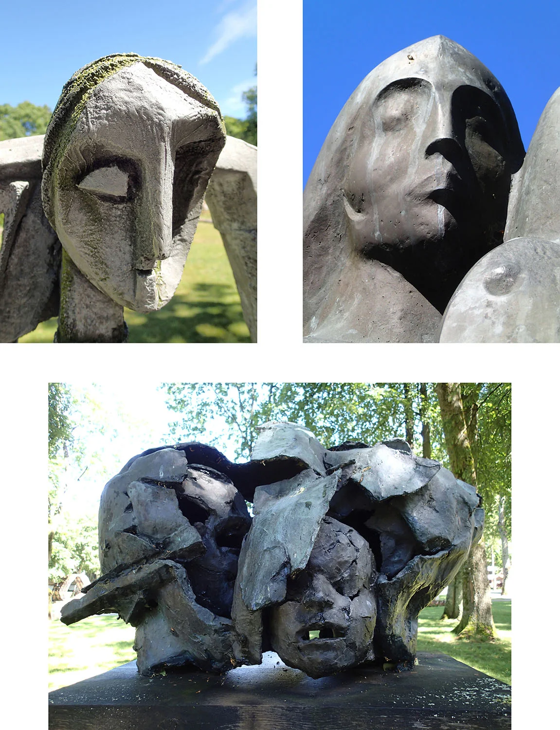 Walking around town, we came upon an outdoor sculpture garden. Here are three of my favorites. The top left looks happy & shy to me while the top right is proud. The bottom is just plain creepy.