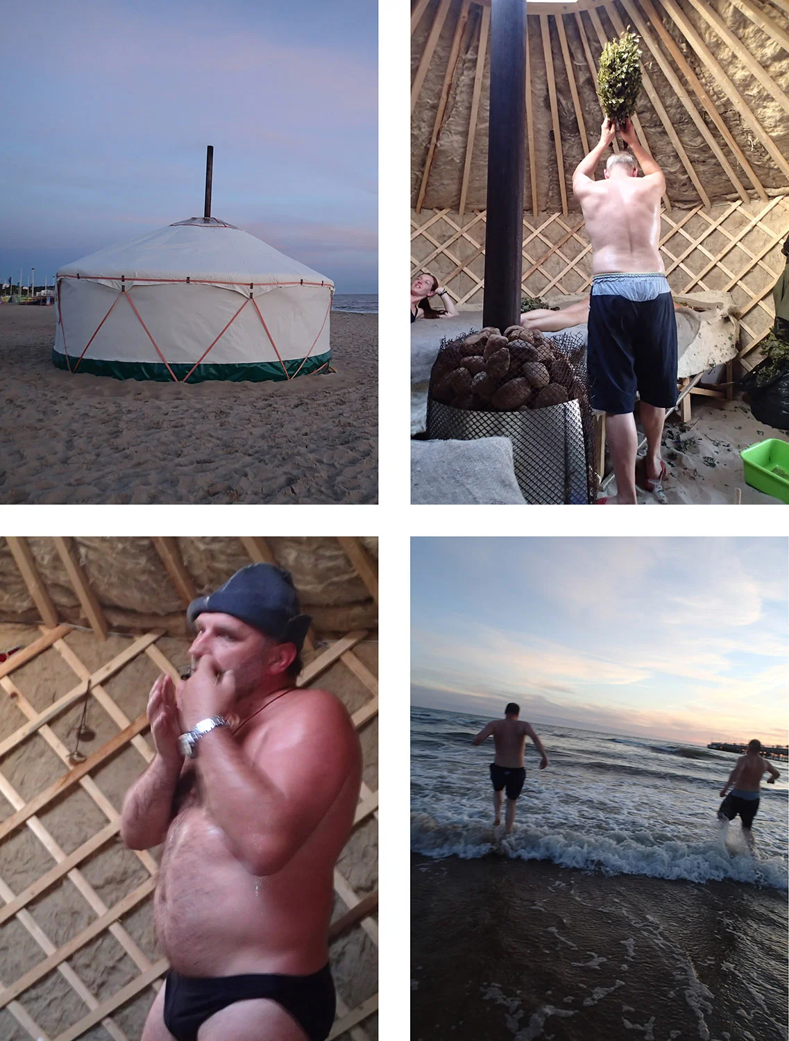 One of the wackiest times of our trip: Upper left: Stumbled upon a traditional yurt with wool-filled walls on the beach next to the Baltic Sea run as a banya by two Russian men. Upper right: Patty, Doug, Karyn & I decided to partake in a steam & be beaten with birch leaves by one of the men to improve our circulation. Lower left: The other man in an odd cap & a Speedo played songs on a mouth harp. First, he was standing next to us & then swayed above each of us straddling us with his legs on either side while sweat dripped from his brow onto our bodies. (I still do not know why we didn't object.) Lower right: We ran into the cold Baltic Sea to cool off. (Doug on the left & one of the men on the right.)