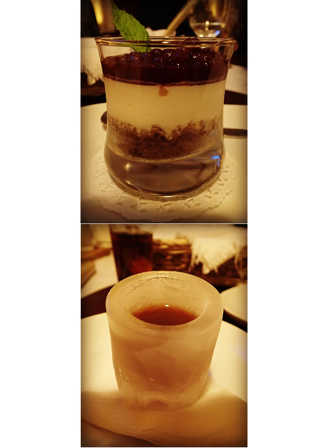 Our favorite meal ended with a dessert with red currants (top) & shots served in glasses made of ice (bottom).
