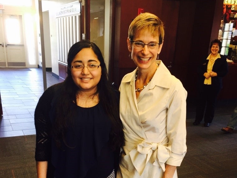   Nancy is with Cornell President, Elizabeth Garrett (right), at the Hall of Fame Room in Schoellkopf Hall on September 15th, 2015.&nbsp;  