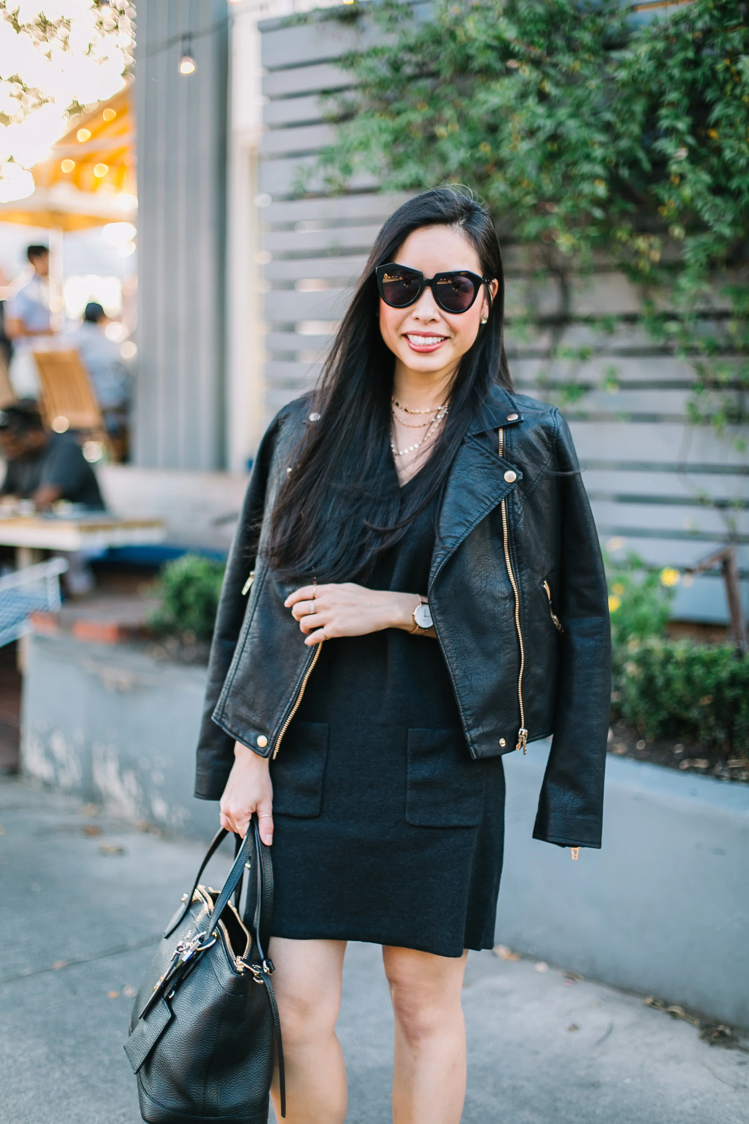 sweater dress with leather jacket