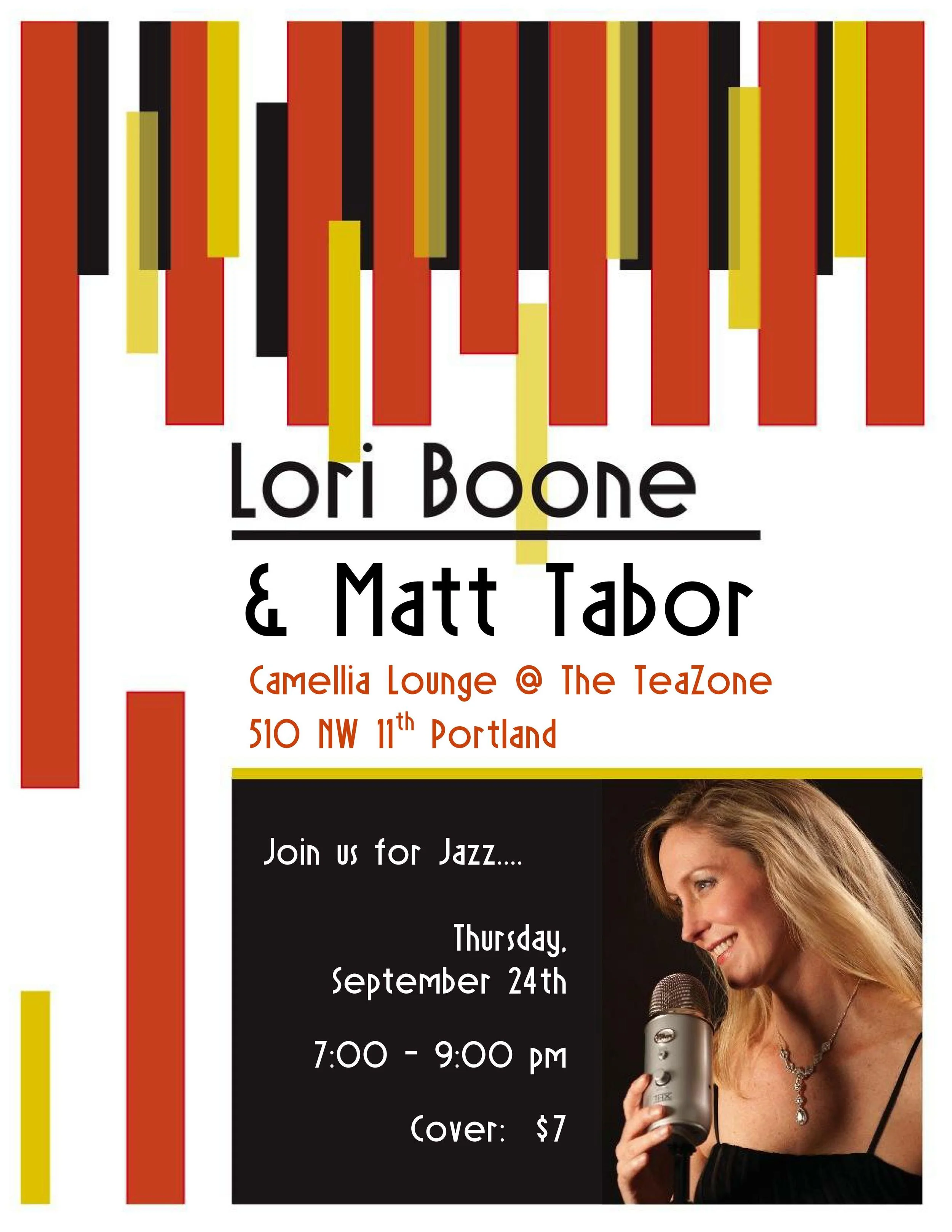      

 
   Lori Boone and Matt Tabor  Call 503-221-2130 for reservations.  Show time 7pm to 9pm  Food and beverages menu:&nbsp; http://www.teazone.com/#menu-1  
 






















     