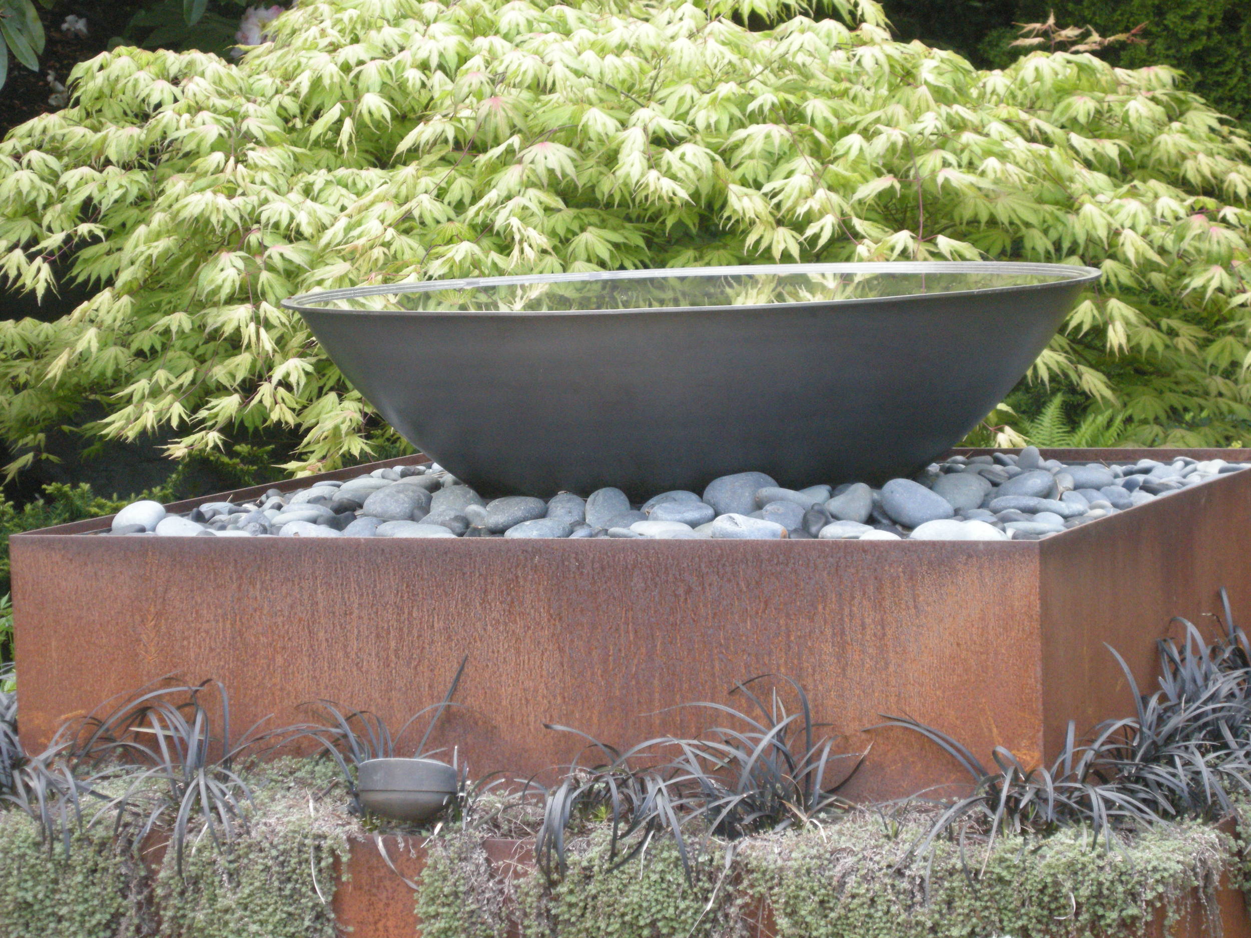 Acer palmatum 'Aka Shigitatsusawa' is ethereal, setting off this water feature at rest.