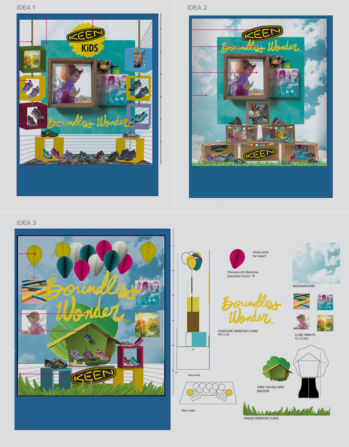  I built on the seasonal campaign with fun, eye-catching visuals and easy-to-assemble display elements that balanced budget, cost, and reusability. Exploring multiple configurations and treatments, I created a window display that captured the KEEN Ki