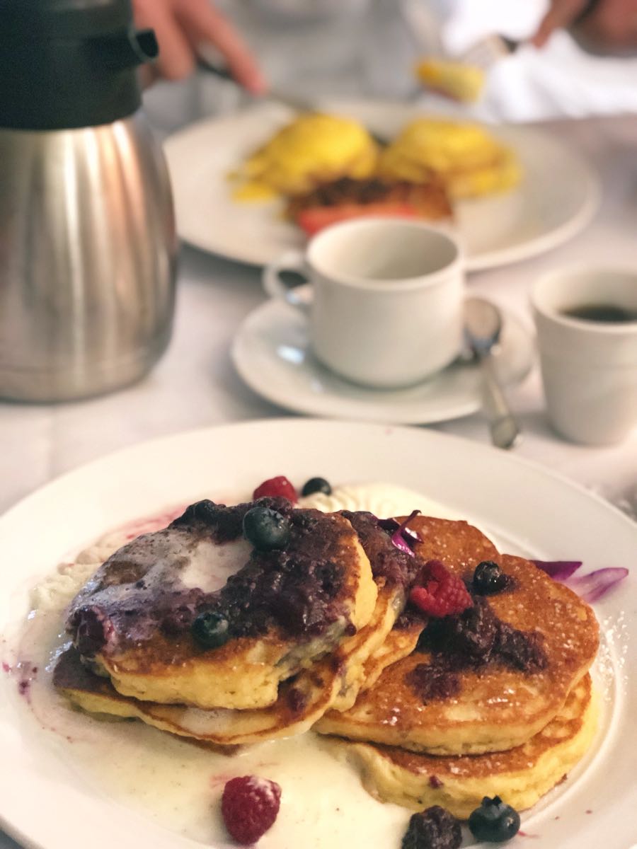Lemon ricotta pankcakes, room service at West Baden Springs Hotel, French Lick Resort