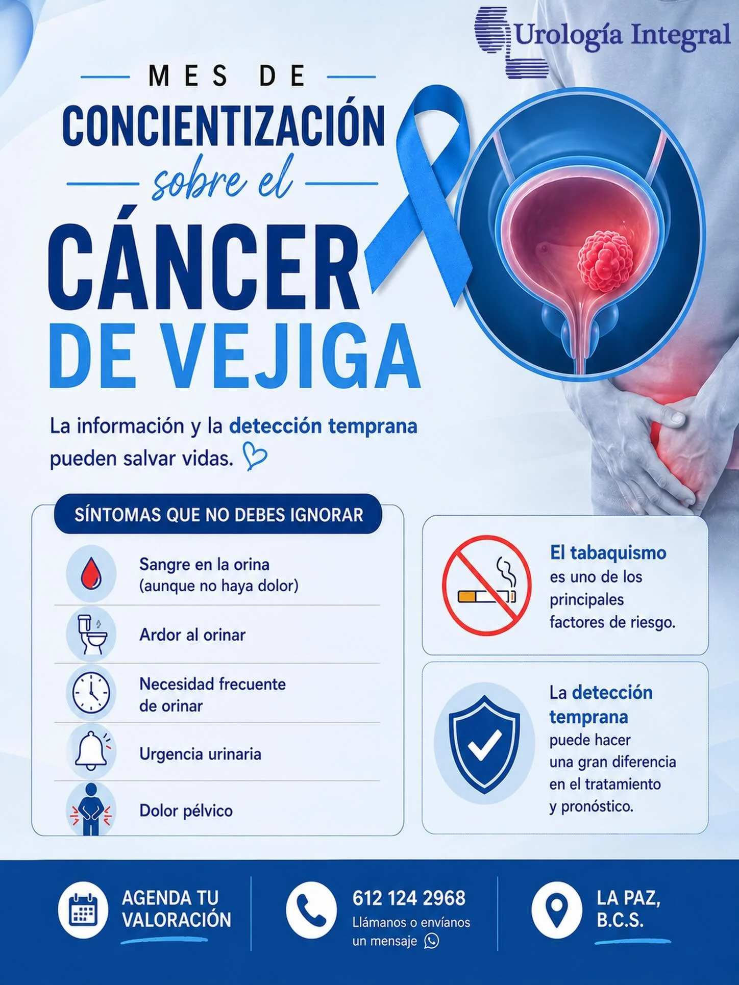 -ESP
💙🩺 Mes de Concientizaci&oacute;n sobre el C&aacute;ncer de Vejiga 🎗️

El c&aacute;ncer de vejiga es una enfermedad que puede detectarse a tiempo si prestamos atenci&oacute;n a las se&ntilde;ales de alerta y acudimos oportunamente con el espec