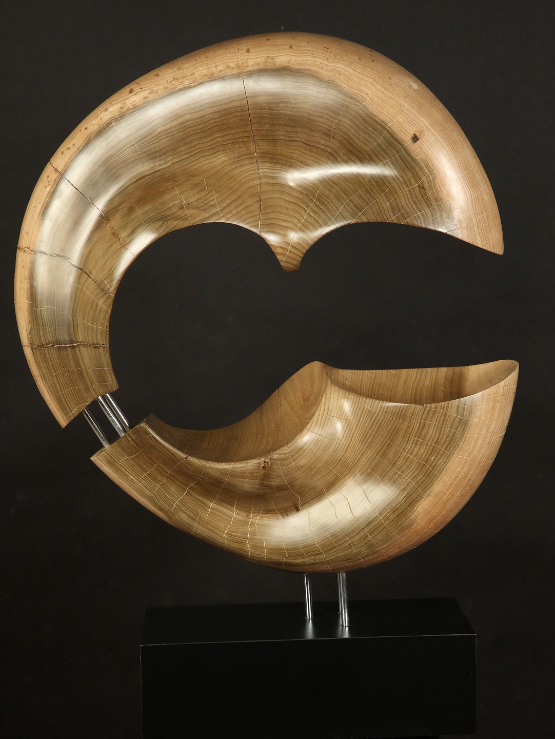 Timeline, (1986-2019)34”H x 24”W x 10”D, Poplar wood, stainless steel rods, black micarta base with ball bearing recessed swivel mechanism