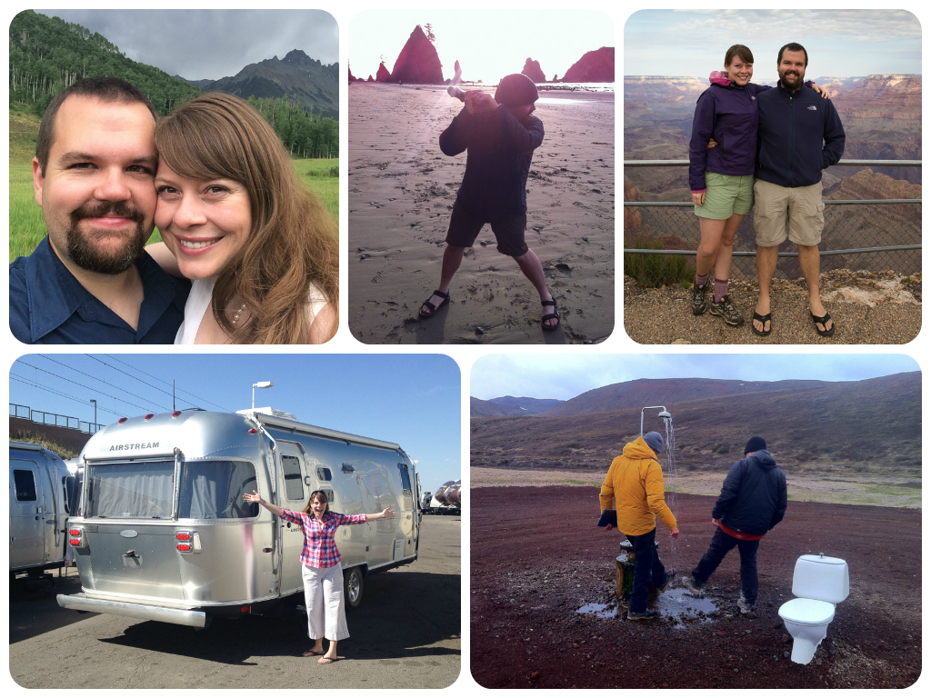 On our wedding day, Driftwood baseball at a backcountry beach in Olympic National Park, Us at the Grand Canyon during monsoon season, our new Airstream ,and that strange geothermal shower in Iceland (weird enough to deserve two photos in this post!)