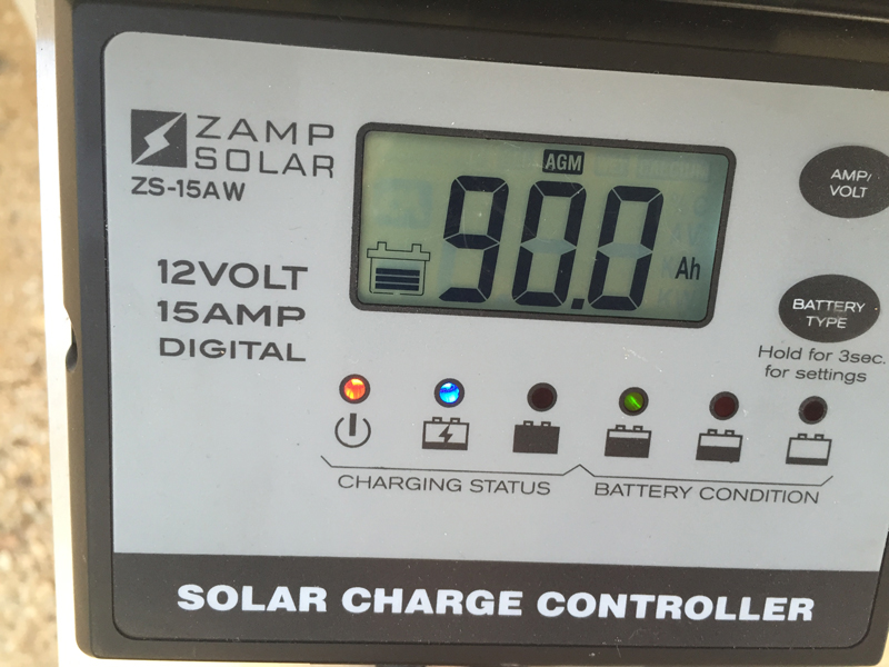 A view of the Solar Controller (can view volts, amps, or cumulative amp-hours). 90 amp-hours for January with a 200-watt panel is great!