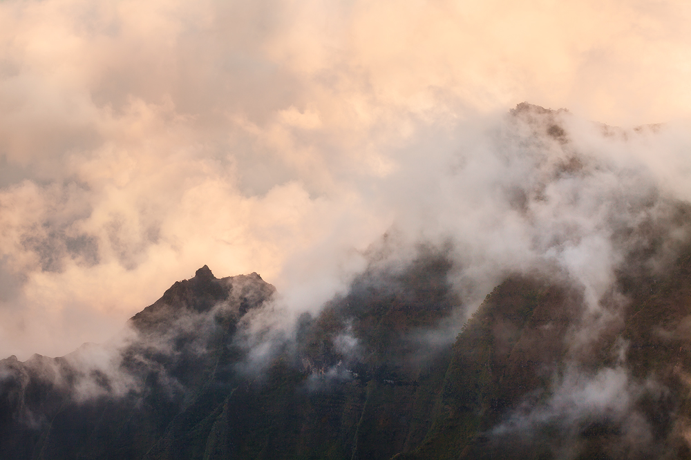 Mist swirling over the Kalalau Valley, Kauai