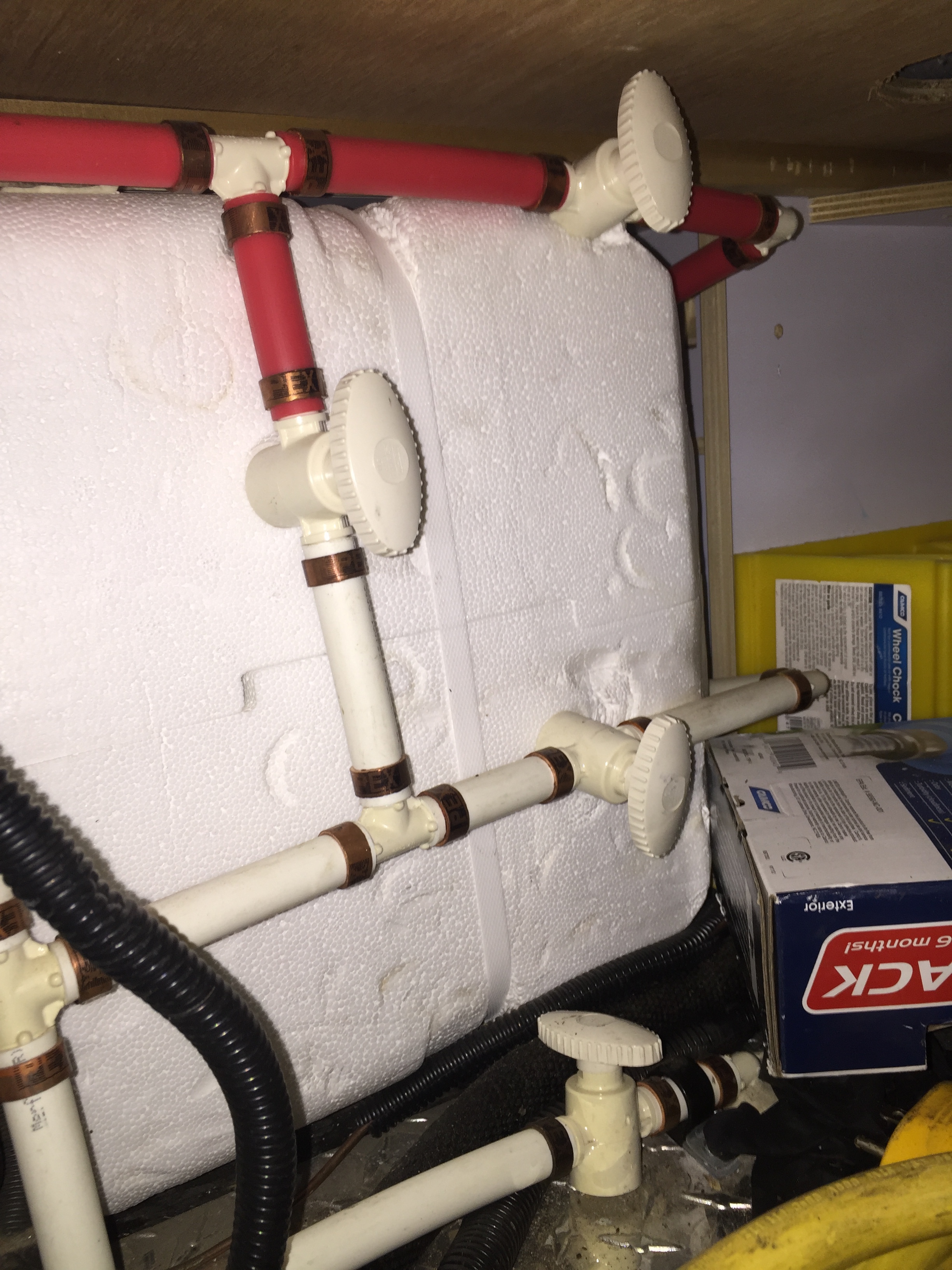 The three hot water bypass valves, with the bypass on (meaning water and anti-freeze will NOT go into the hot water heater).