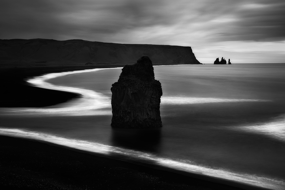 A view of the iconic Reynisdrangar seastacks near Vik, Iceland.