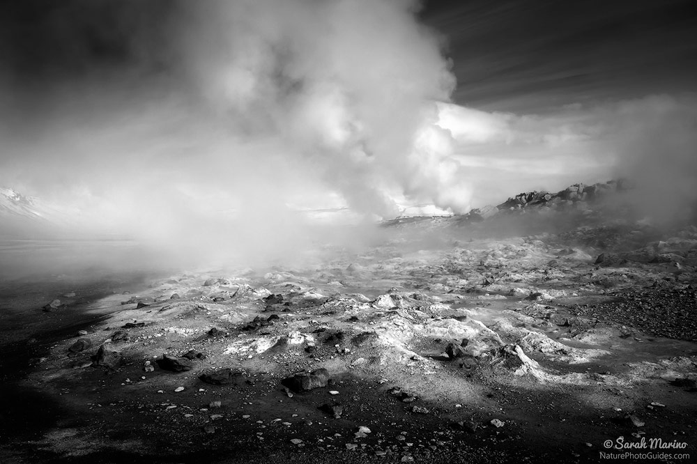 Geothermal Flow: I took this photo in the middle of the day, a time that is not normally thought of as conducive for landscape photography. However, for a black and white photo, the light worked well in helping draw out the contrasts in the scene. Northern Iceland. 