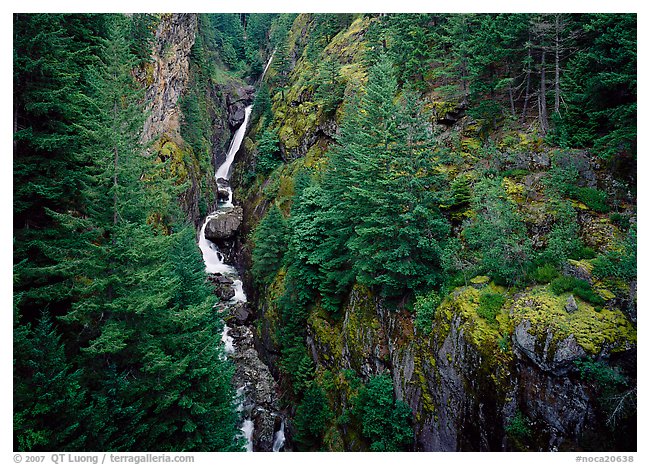Gorge Creek falls in summer, North Cascades National Park Service Complex. Washington, USA.