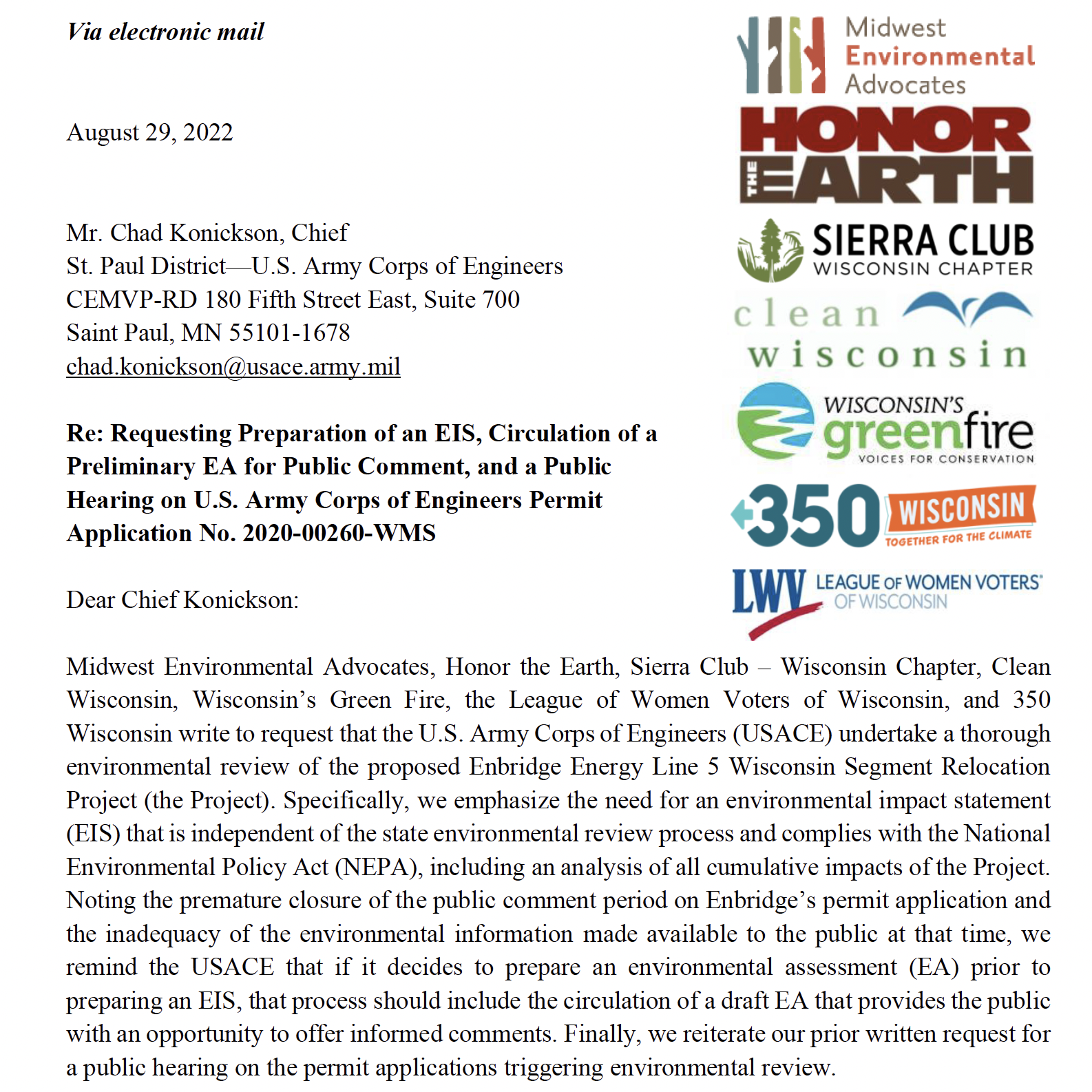 Letters to the Army Corps of Engineers re Full Environmental Impact Statement for Proposed Rerouting of Enbridge Line 5 Around Bad River Reservation
