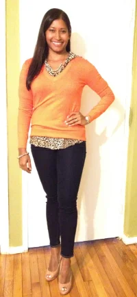 Maggie, styled in her new outfit. Note the pants are very dark blue denim, not black, which could look too Halloweeny.
