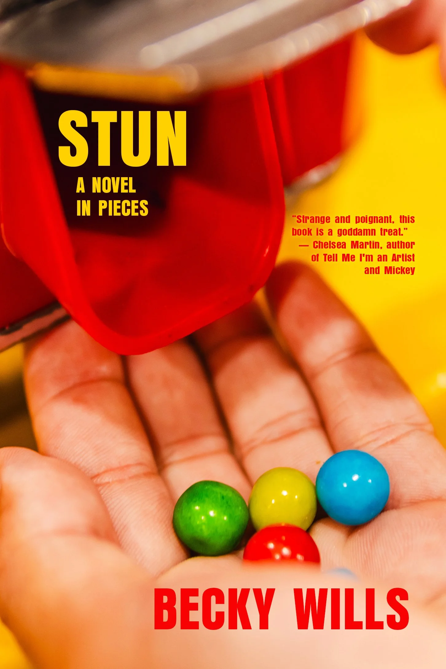 The cover of the book Stun - a hand beneath a gumball machine with several gumballs in it but wanting more.