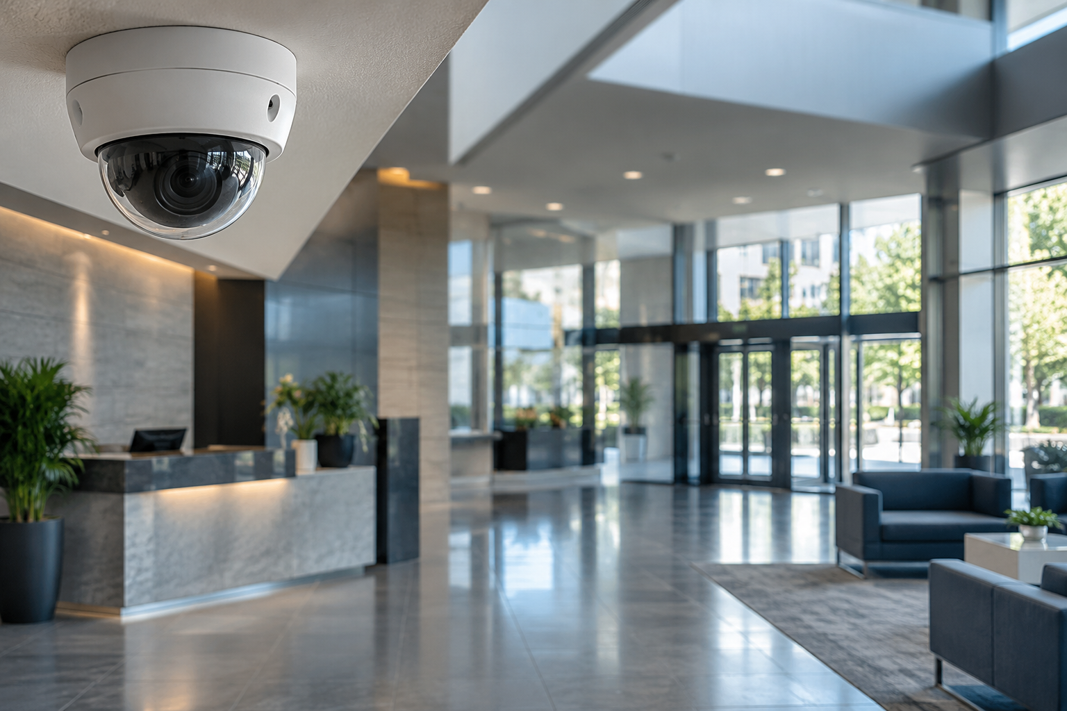 Security camera monitoring the entrance of a modern commercial lobby