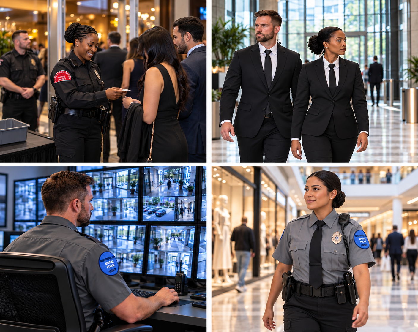 Ross Protection Agency security officer assisting guests, executive protection team, CCTV monitoring, and Hispanic female officer patrolling a shopping mall