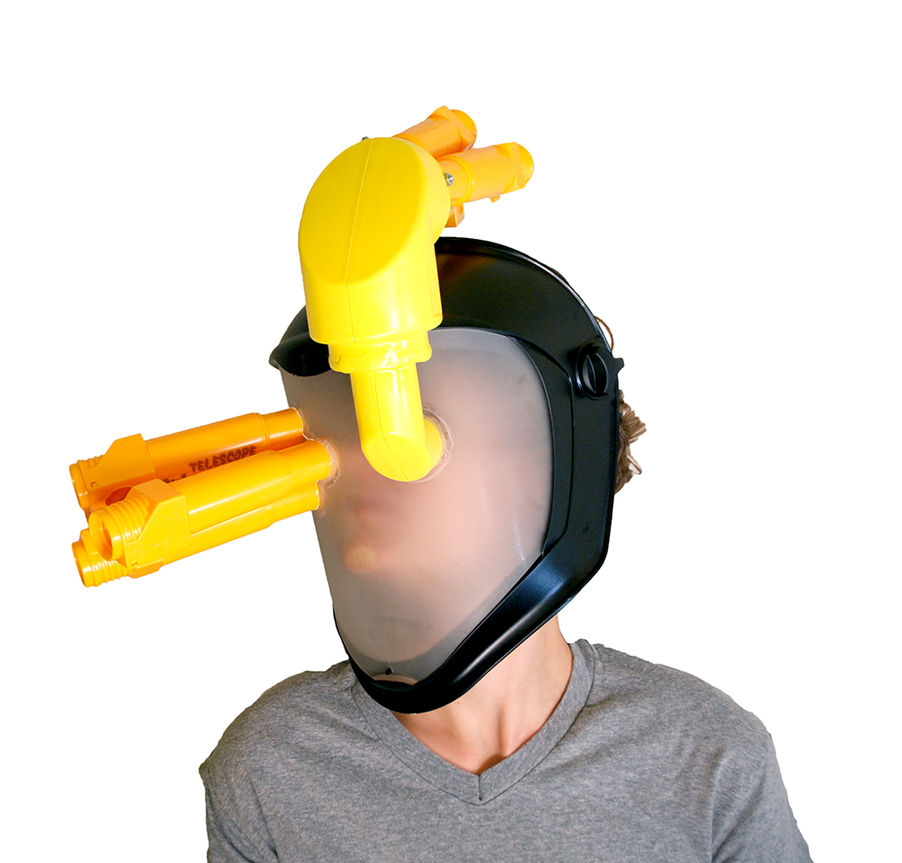 Tyler Calkin Personal Panopticon Dérive Device 2014 Face shield, toy periscopes and telescopes 20 x 11 x 13 inches Courtesy of the Artist