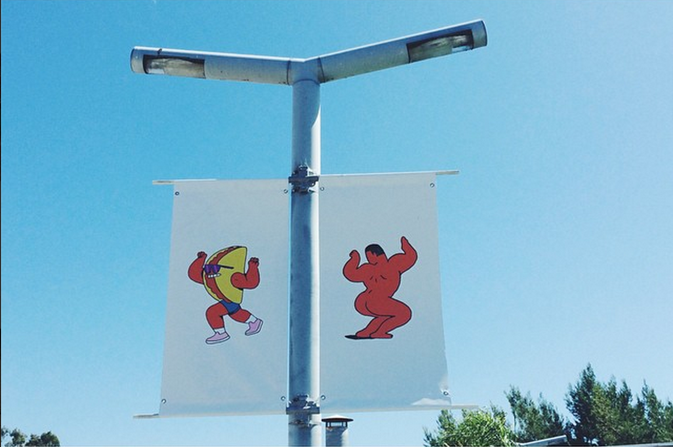  Pierre Thyss  Tacodude , 2014  Muscle man , 2014  Untitled , 2014 Color Printed vinyl pole banners (kakemonos) Courtesy of the artist 