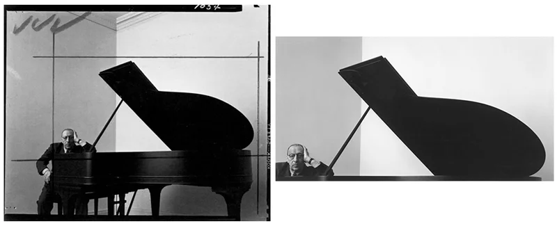 Igor Stravinski fotografiado por Randy Newman. Negativo a la izquierda con indicaciones para el laboratorio y resultado final a la derecha. 