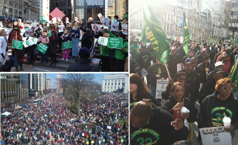 Clockwise from Top Left : "Tier It Down" Rally in Zuccotti Park (New York City), demonstration during Philadelphia Mayor Nutter's budge address, and about 65,000 people gather at the "Reclaim Wisconsin" rally (Madison, Wisc.)
