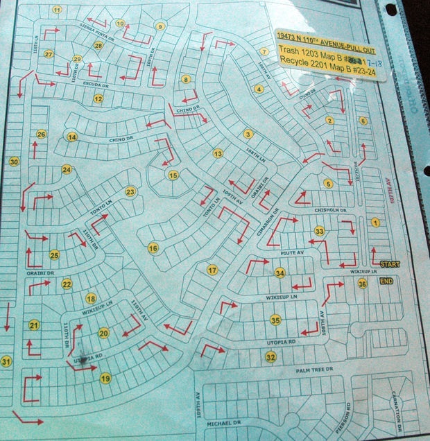 Photo by Leslie McMorrow An example of the many route maps each driver must learn, to pick up all trash cans around the city.