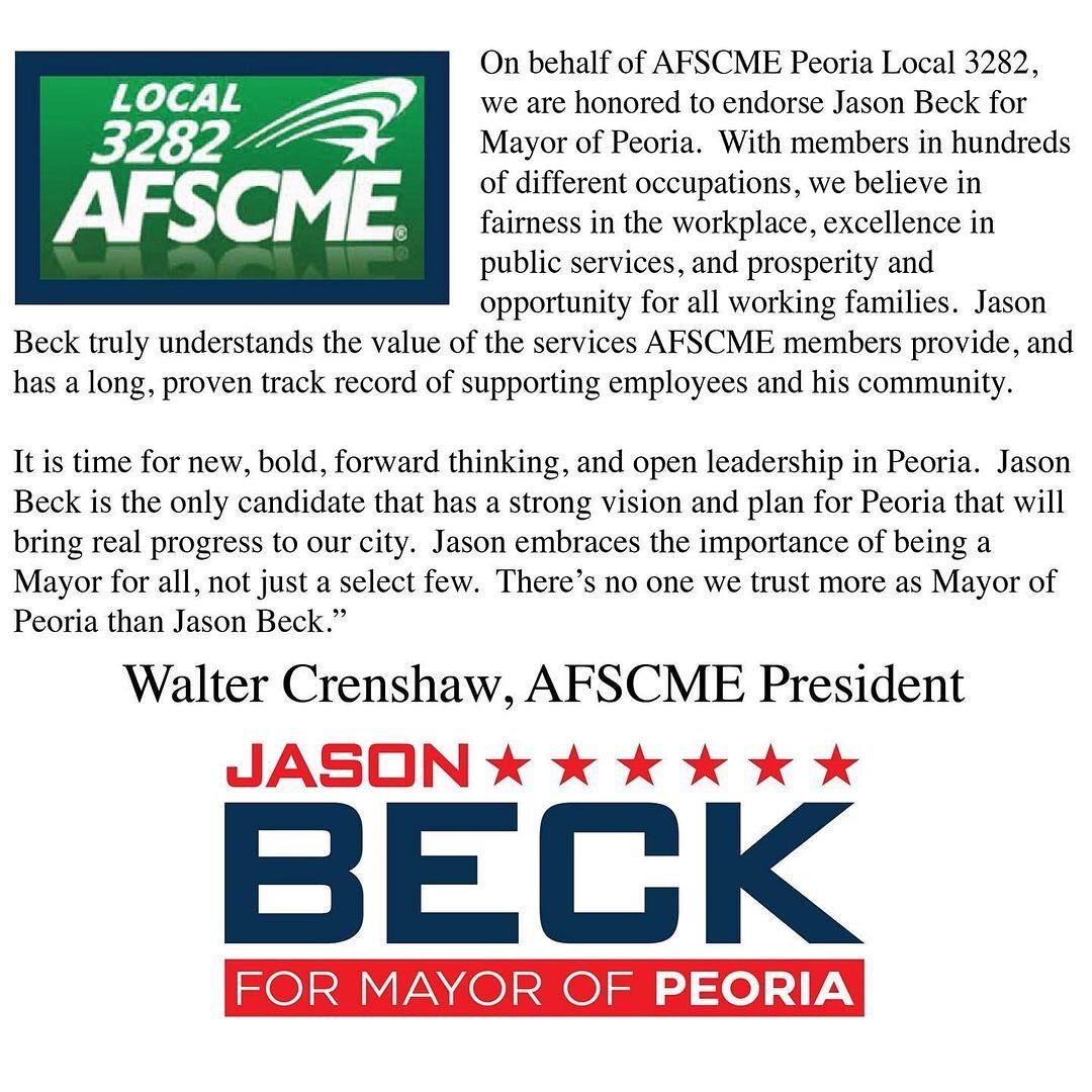 Posted @withregram &bull; @beckformayor This endorsement is such an honor to receive and to have the trust of the union employees of the City of Peoria and the first ever endorsement of AFSCME Peoria Local 3282, is profound. When the city employees a