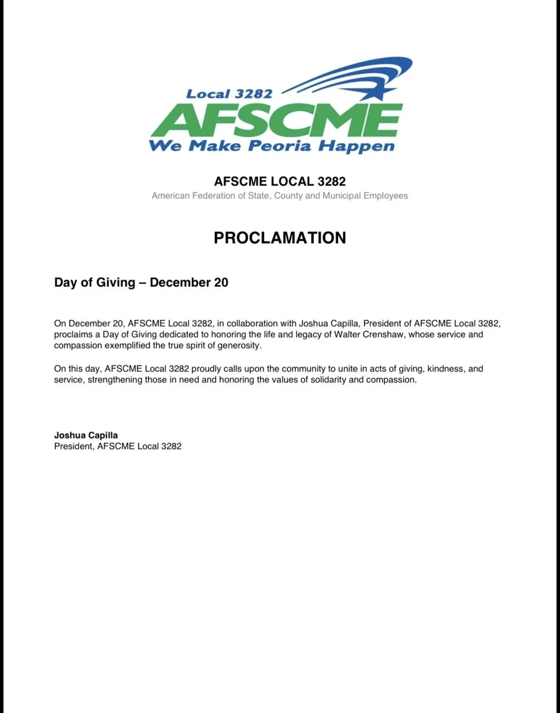This official letter was sent to Governor Hobbs, recognizing AFSCME as a founding organization for the Day of Giving