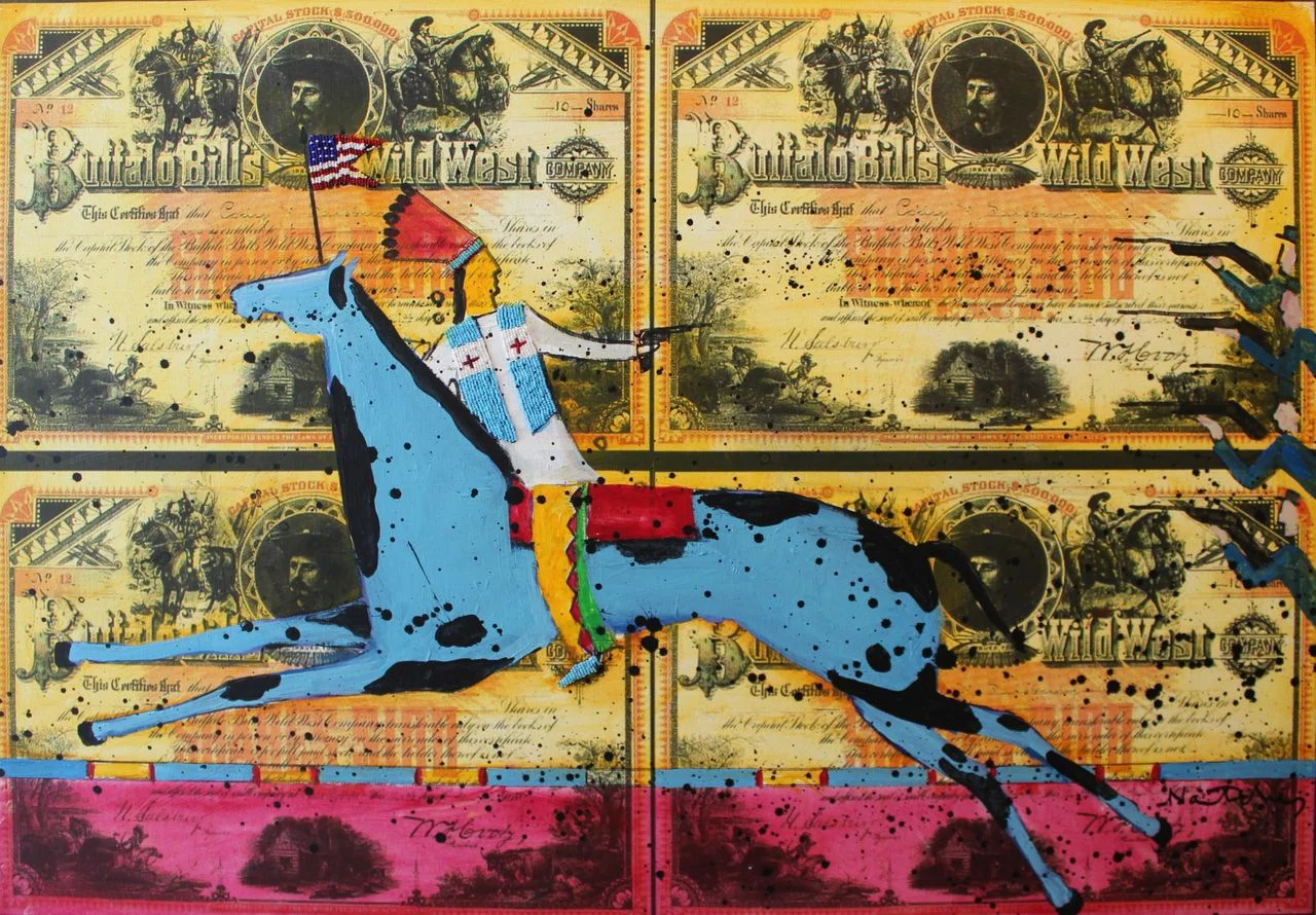 Stanley Natchez Buffalo Bill Wild West Show, oil and mixed media on stock certificates
