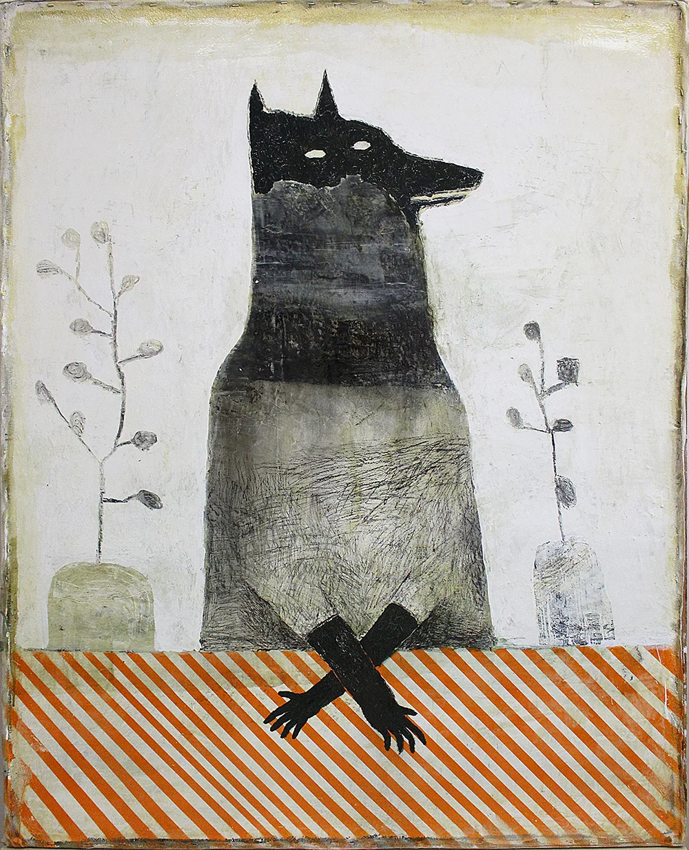 17_Fidalis Buehler_Wolf and Plants seated at the Caution Table_Mixed Media on Canvas, 48x54__2018.jpg