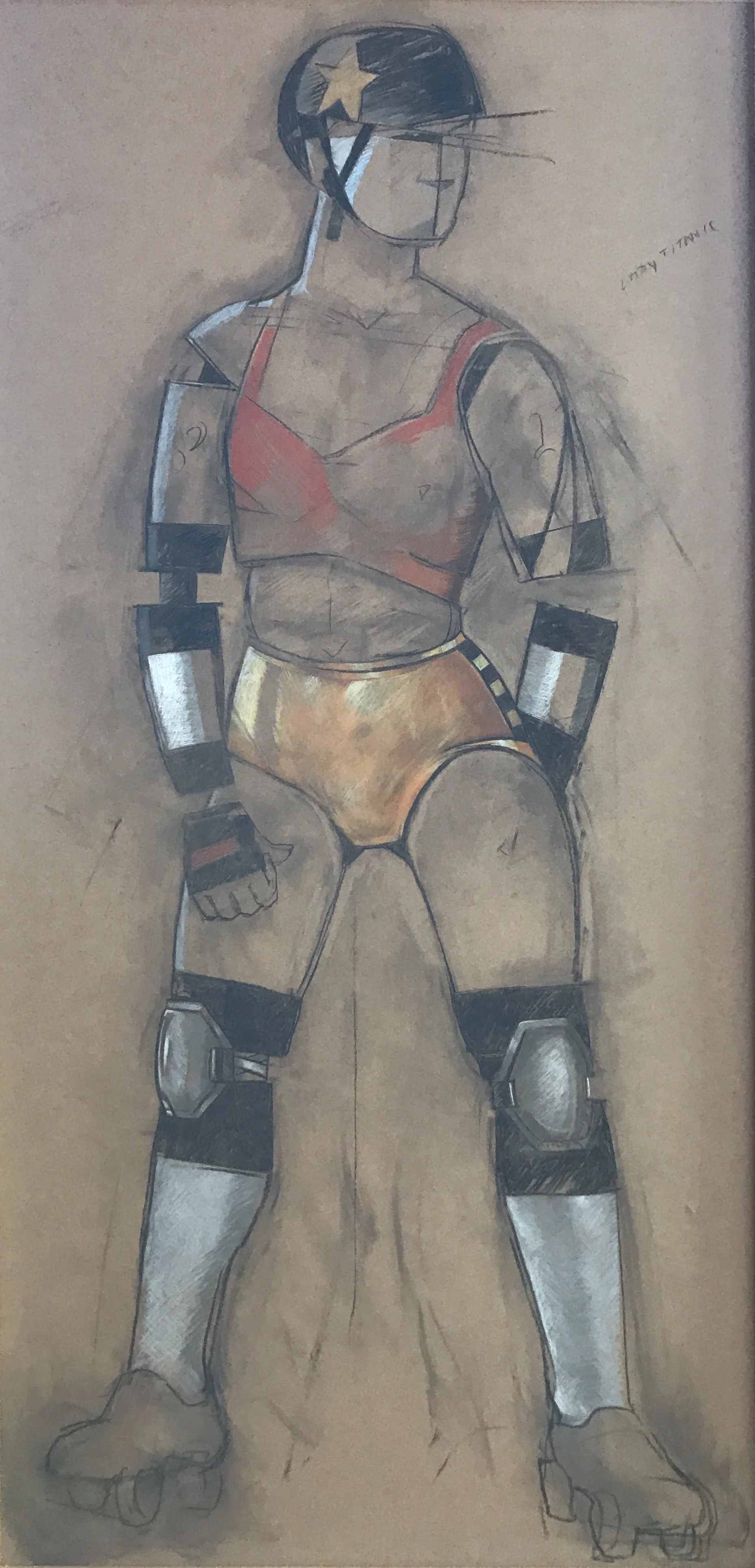 Jann Haworth Mannequin Defector: Cyborg Derby Jammer charcoal and pastel on paper, 72 x 35 in.
